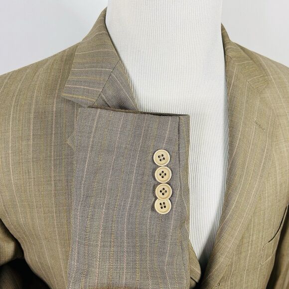 Mantoni 46L Suit 36x31 Pleated Beige Striped 100% Wool Four Button Lined - Picture 5 of 12